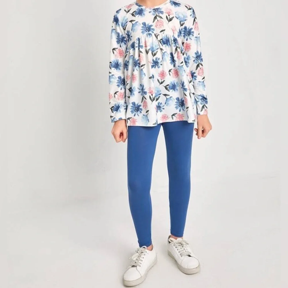 Girls Floral Print Babydoll Top & Solid Leggings Set